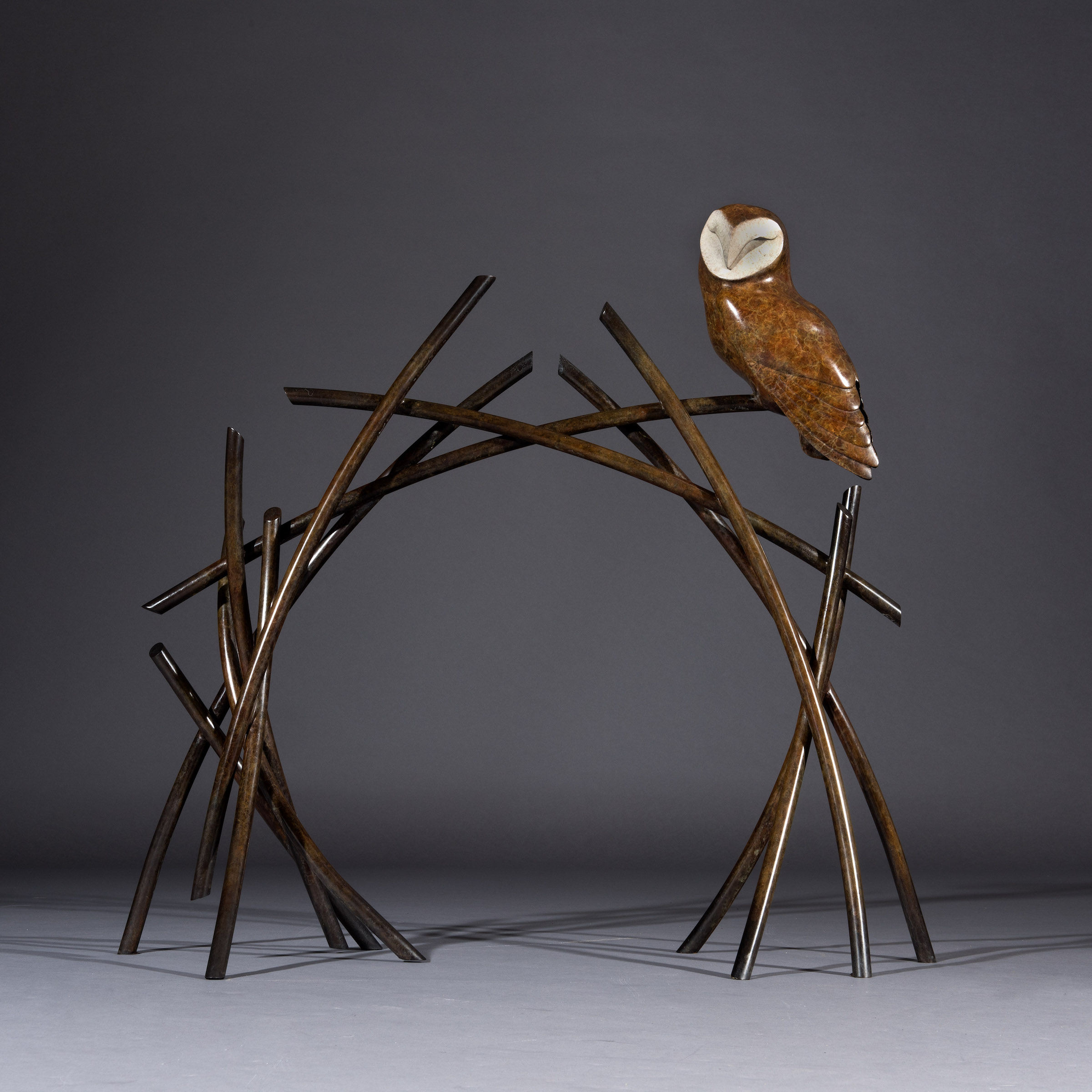 Barn owl by Simon Gudgeon, Life size, bronze and mild steel, limited edition of 12