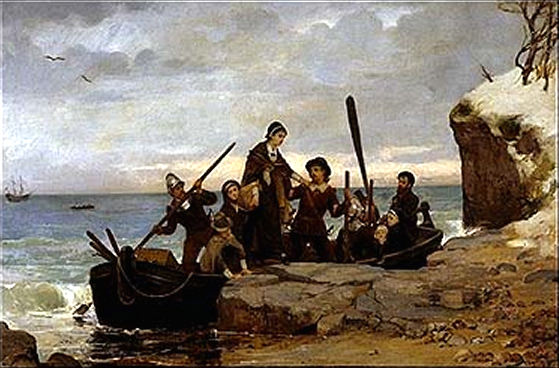 The Pilgrims land in an unfamiliar world. "The Landing of the Pilgrims". Artist Henry Bacon (1839–1912). Source: Wikimedia Commons.