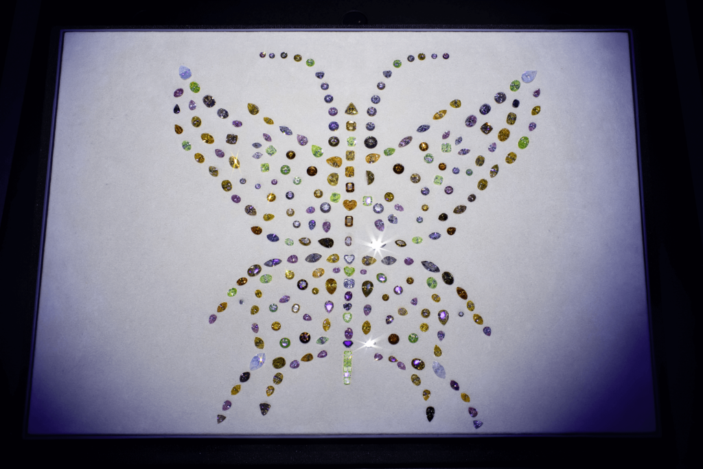 Different types of diamonds arranged to assemble a butterfly pattern.