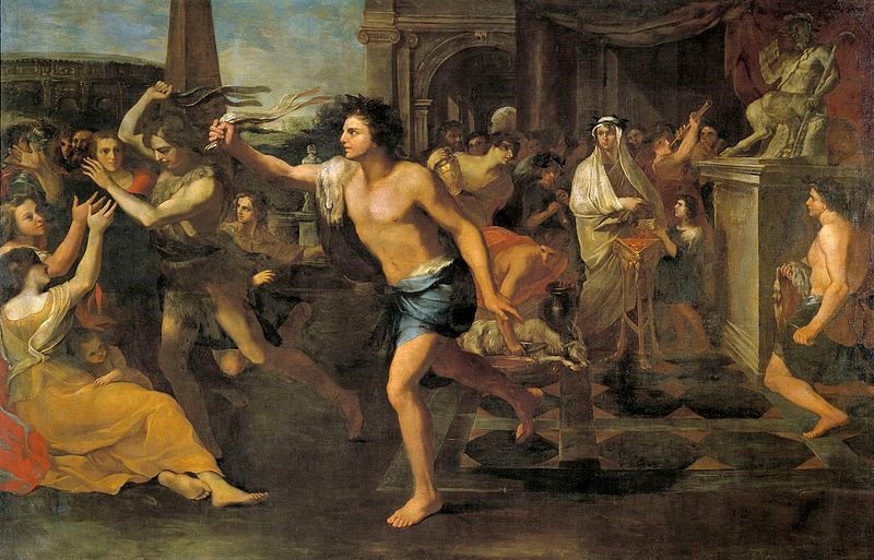 Painting depicting a man of ancient Rome wearing only a cloth draped over his waist and running through a crowd.