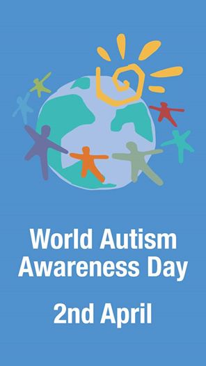 A fanciful drawing of the earth with different colored stick people joining hands and a sun shining above them with the words World Autism Awareness Day 2nd April 