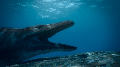 Animated image from "Prehistoric Planet" of Mosasaurus underwater