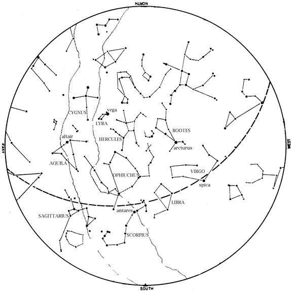 Sky Map of constellations seen in July evening skies. July 2022 Sky Happenings