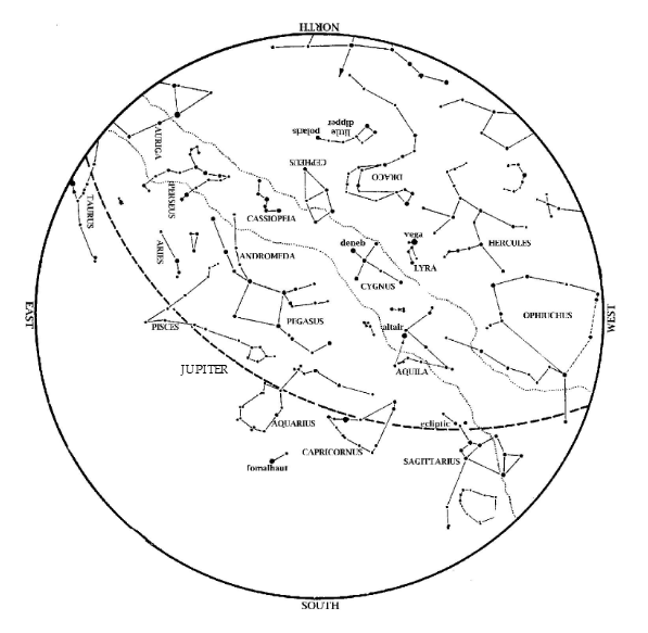 Sky map of constellations seen in October autumn skies