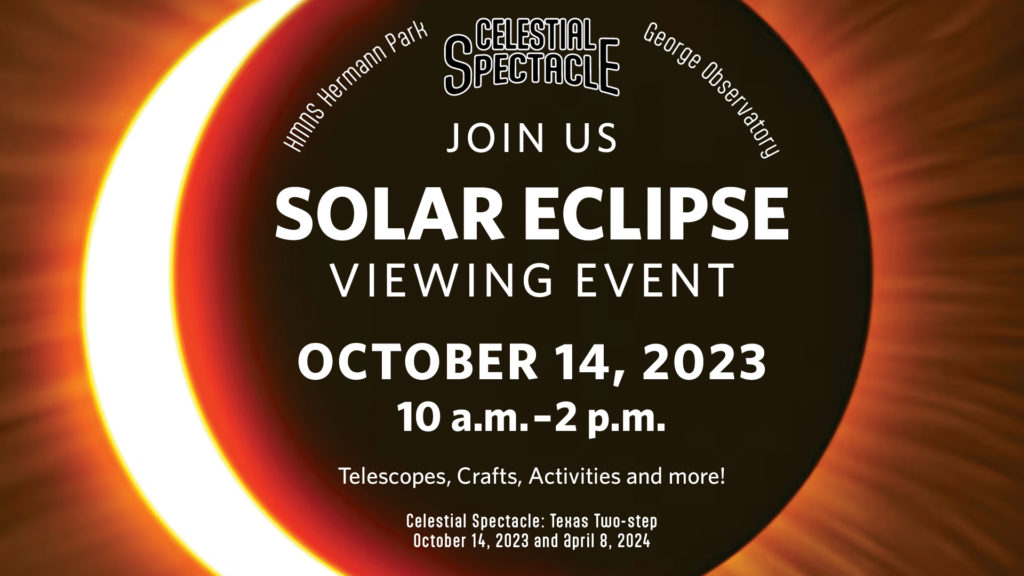 HMNS Solar Eclipse Viewing Event graphic with dates and information